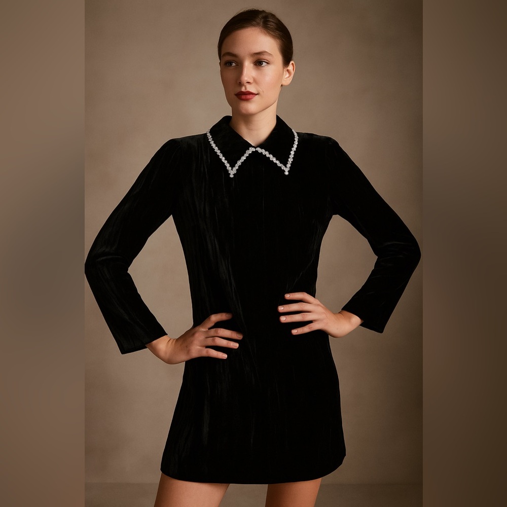 Zara Black Velvet Midi Dress with Pearl-Trim Collar
